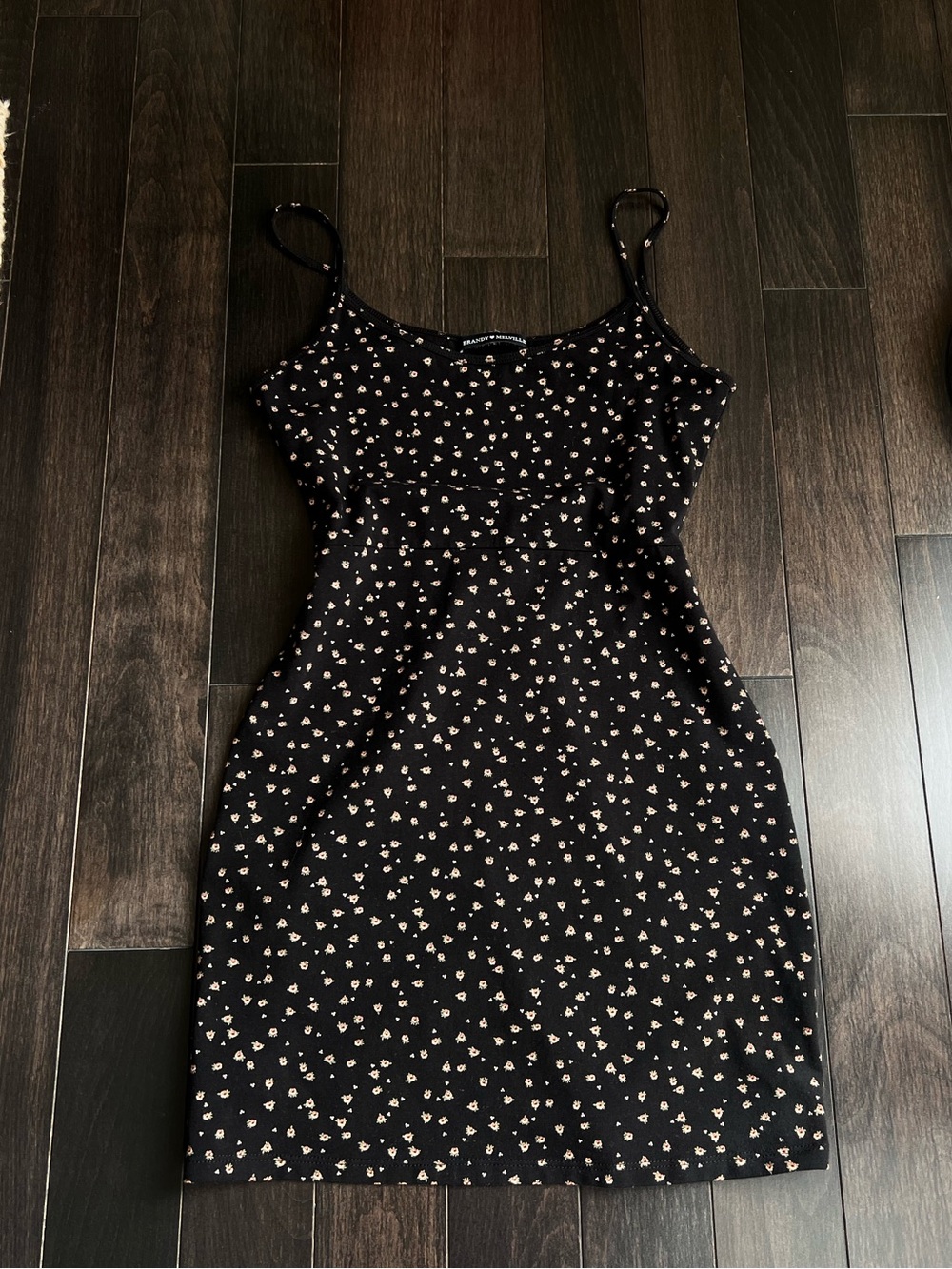 Brandy Melville Black Slip Dress with Spaghetti Straps and floral designs